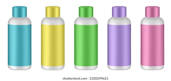 Set of cosmetic bottles with label and cap. Yellow, green, blue, purple and pink bottles. Hair dye, oxydant cream, shampoo, shower gel or body lotion