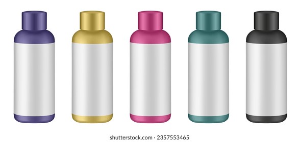 Set of cosmetic bottles with label and cap. Yellow, green, black, purple and pink bottles. Hair dye, oxydant cream, shampoo, shower gel or body lotion