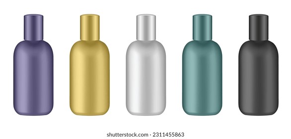Conjunto de botellas cosméticas con una tapa larga. Botellas amarillas, verdes, negras, moradas y blancas. Crema, loción o suero	