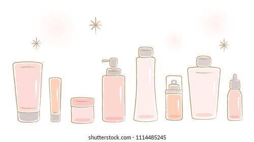 set of cosmetic bottles: lotion, toner, cream, serum, milk, gel, soap, and ointment. beauty and skin care concept