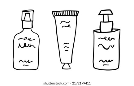 Conjunto de botellas cosméticas en estilo minimalista de contorno dibujado a mano. Tres recipientes de maquillaje en silueta de doodle. Ilustración vectorial para la industria de la belleza orgánica. Concepto de amor propio y cuidado