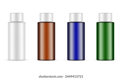 Set Of Cosmetic Bottles Mockups, Plastic, Amber, Blue, Green, Isolated on White Background, Front View. Vector Illustration