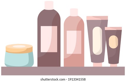 Set of cosmetic bottles packaging mockup for design. Creams and care products vector illustration. Containers of hair, skin and scalp care products. Plastic jars, bottles and tubes isolated on white