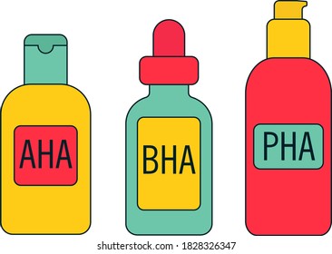 Set of cosmetic bottles. Cosmetic packaging, serum. Acids, aha, bha, pha. Flat vector illustration. Isolated on white background.
