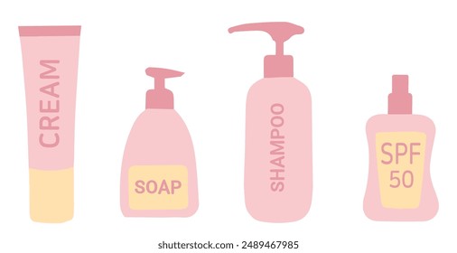 Set of cosmetic bottles. Pink containers. Liquid soap, shampoo, cream, spf.