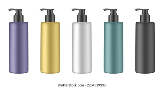 Set of cosmetic bottles with pump. Dispenser. White, yellow, purple, black and green containers. Liquid soap or shampoo