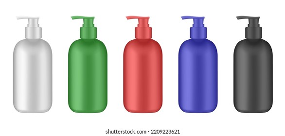 Set of cosmetic bottles with pump. Dispenser. White, gold, red, blue and black containers. Liquid soap or shampoo