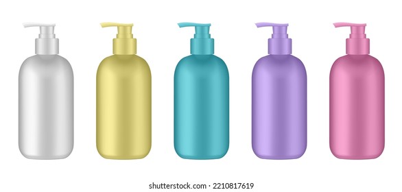 Set of cosmetic bottles with pump. Dispenser. White, yellow, purple, blue and pink containers. Liquid soap or shampoo.	