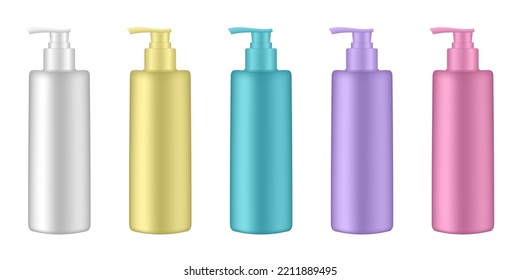 Conjunto de botellas cosméticas con bomba. Dispensador. Contenedores blancos, amarillos, morados, azules y rosas. jabón líquido o champú.