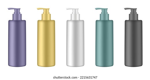 Set of cosmetic bottles with pump. Dispenser. White, yellow, purple, black and green containers. Liquid soap or shampoo