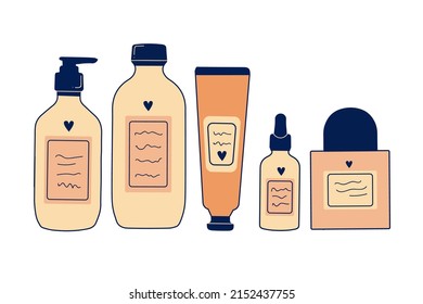 A set of cosmetic bottles for self care. Cosmetic packaging, mask cream, serum bottle with retinol.Vector illustrations