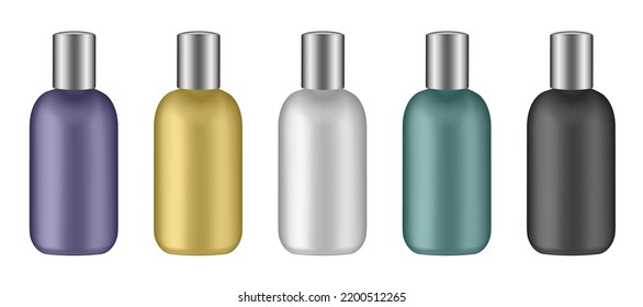 Set of cosmetic bottles with silver cap. Yellow, green, black, purple and white bottles. Cream, lotion or serum