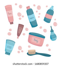Conjunto de botellas cosméticas, tubos, latas. Ilustraciones en color de cosméticos para el autocuidado. Ilustración vectorial o fondo.