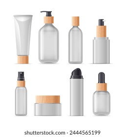 Set Of Cosmetic Bottles In Various Shapes And Sizes. 3d Vector Mockups For Showcasing Branding And Packaging Designs