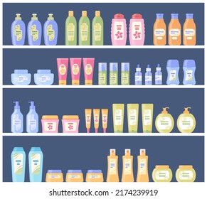 Set kosmetischer Flaschen und Durchstechflaschen auf Regalen. Cometic-Geschäft. Verschiedene Arten kosmetischer Mittel: Shampoo, Conditioner, Creme, Maske, Deodorant, Serum, Balsam, Seife, Antispirant