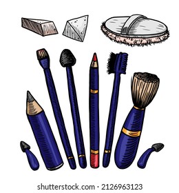 Set of cosmetic brushes, liners and applicators vector illustration on white backgruond