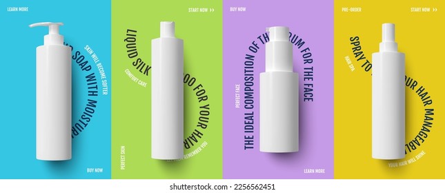 A set of cosmetic color beauty flyers with photorealistic plastic bottles. Packaging template design layout eps