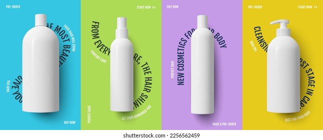 A set of cosmetic color beauty flyers with photorealistic plastic bottles. Packaging template design layout eps