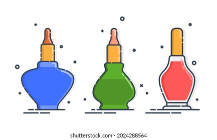 Conjunto de envases cosméticos con aceite aromático en fila. Producto de moda femenino. Cinco botellas de plástico o vidrio. Moda y estilo. Cerrar objeto aislado. Ilustración sobre fondo blanco. Vector.
