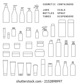 A set of cosmetic containers of various shapes. Flat vector illustration outline cosmetic packaging