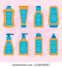 Set of cosmetic cream containers. Summer beauty collection of sunblock spf bottles in orange and blue colors.