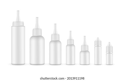 Set of Cosmetic Dropper Bottles with Long Tip Spout Cap and Dropper Unicorn Bottle. Vector Illustration