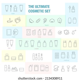 Set of cosmetic editable outline icons. A set of icons for cosmetics packages. Сan be used for cosmetic, medical and other needs. Ideal for use in e-commerce, mobile, packaging and etc. EPS10.	