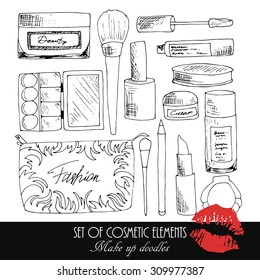 Set of cosmetic elements. Make up doodles. Vector illustration.