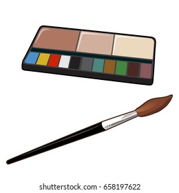 Set of cosmetic eyeshadows and brush isolated on white background. Vector cartoon close-up illustration.
