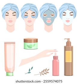 A set of cosmetic facial skin care masks,patches,face creams,a hand with manicure,isolated on a white background.Vector collection for designs of beauty salons,magazines,textiles,cosmetic products.