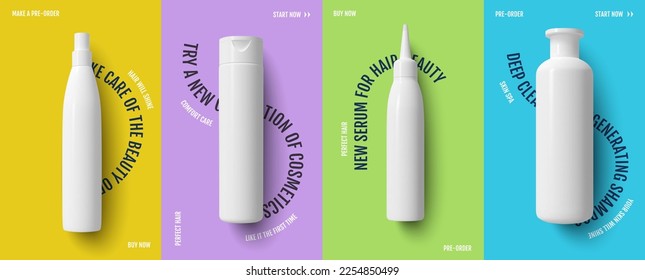 Set of cosmetic flyers bottles of beauty products packaging on colored backgrounds. Vector photorealistic illustration story template