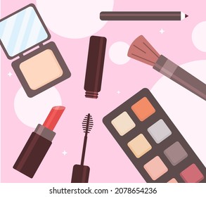 Set of cosmetic. Graphic elements for websites. Beauty and hygiene, brush, blush, powder. Style fashion skincare mirror lipstick, eyebrow pencil. Pink background. Cartoon flat vector illustration