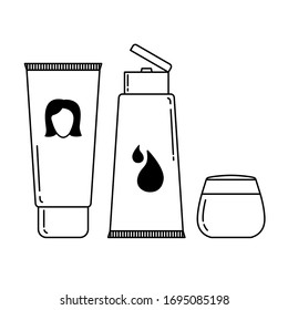 Set of cosmetic icons. Bottles of shampoo, cream, lotions.