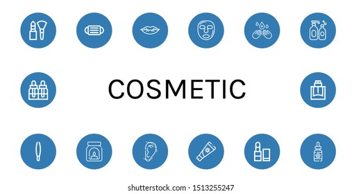 Set of cosmetic icons such as Makeup, Mask, Lips, Facial mask, Hand sanitizer, Shampoo, Tweezers, Aroma, Otoplasty, Sun cream, Lipstick, Serum, Essential oils, Cologne , cosmetic