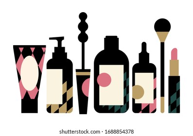 Set of cosmetic items. Care, tube, bottle, brush, lipstic, soap