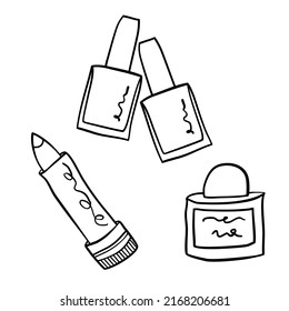 Set of cosmetic items in minimalist hand drawn outline style. Lipstick, nail polish and fragrance perfume sketch silhouette. Beauty products for daily self care. Feminine industry containers doodles