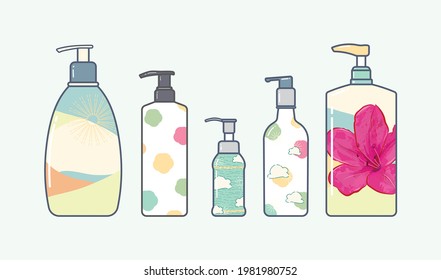 Conjunto de recipientes de líquido cosmético para la belleza del cuidado de la piel en vectores diseño plano arte