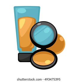 Conjunto de pó compacto de fundação líquida cosmética e ocultadores corretivos. Ilustração de vetor.