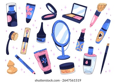 Conjunto de ícone cosmético e maquiagem. Vetor visage ou rosto acessório profissional para a moda da mulher. Item de kit de beleza e cuidados faciais. Batom e delineador, rímel, pó, espelho, bronzer, batom.