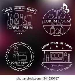 Set of cosmetic and makeup labels, badges, logos and design elements. Beauty products, line style vector.