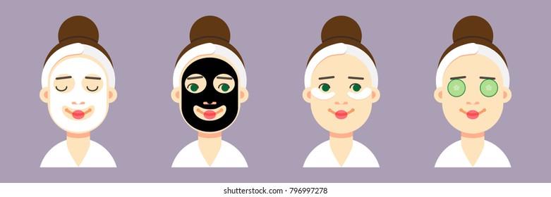 Set of cosmetic masks. SPA with clay mask, black mask, cucumber slices, eye patches.