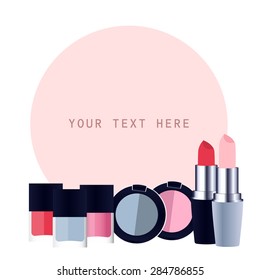 Set cosmetic - nail polish, eyeshadow and lipstick. Women collection for night party. Can write your text. Design template for label, banner, postcard. Fashion cosmetology. Vector.