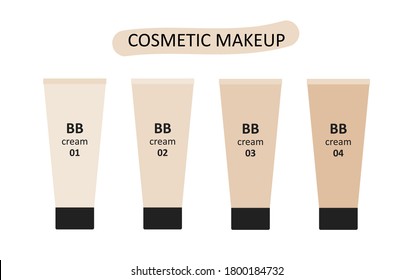 Set cosmetic pack agings BB cream from light to dark shades. Vector flat illustration. Makeup cosmetic product. Cosmetic packaging. Four shades. Women's BB cream, foundation makeup.