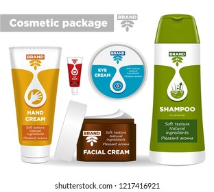 Set Of Cosmetic Package. Facial Cream, Eye Cream, Hand Cream, Lip Balm, Shampoo Or Shower Gel. Label, Sticker. Mock Up Vector Illustration Isolated On White Background.