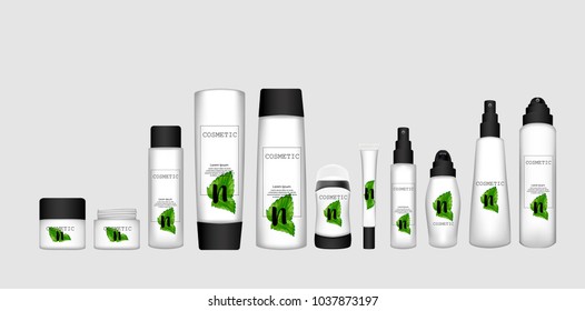 Set of cosmetic packaging with black caps, isolated on white background. Cosmetic package for cream, shampoo, liquid soap and spray natural cosmetic template.