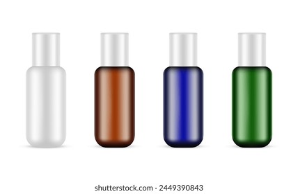 Set Of Cosmetic Packaging Bottles for Lotion or Oil, Plastic, Amber, Blue, Green,  Isolated on White Background. Vector Illustration