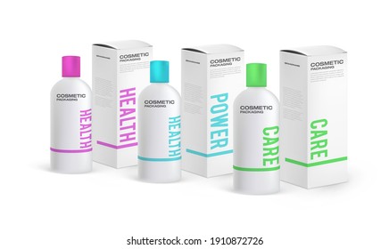 Set of cosmetic packaging design templates. Cardboard tall pack and shampoo bottle. Lotion mockup bottle