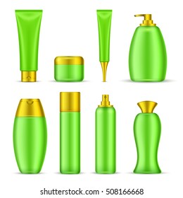 Set of cosmetic packaging of different shape with green container and golden cap isolated vector illustration