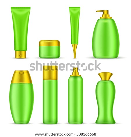 Set of cosmetic packaging of different shape with green container and golden cap isolated vector illustration