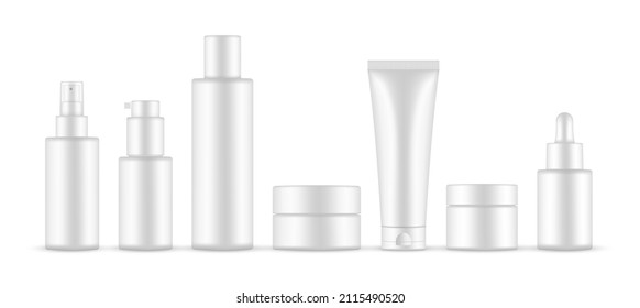 Set of Cosmetic Packaging Mockup, Spray, Pump, Shampoo, Dropper Bottles, Tube and Jars, Isolated on White Background. Vector Illustration